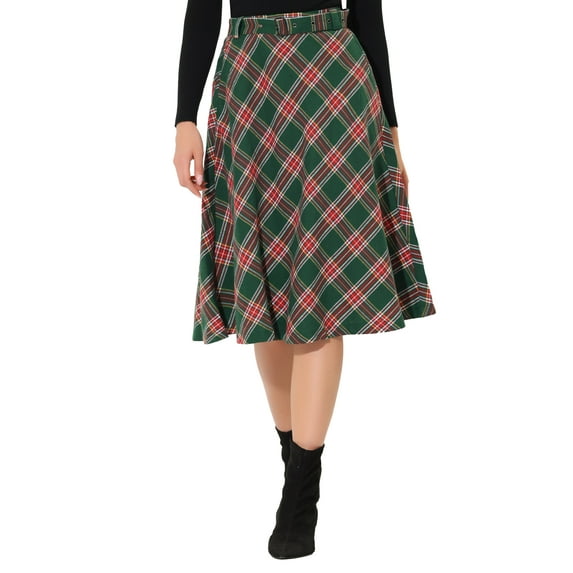 INSPIRE CHIC Women's Plaid Skirts Belted High Waist A-Line Mid-Length Skirts XL Green Red