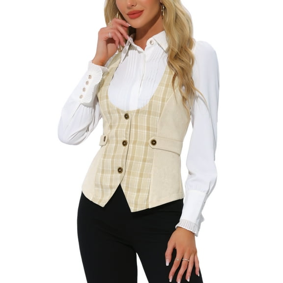 INSPIRE CHIC Women's Christmas Plaid Button Down Sleeveless Faux Suede Panel Vintage Waistcoat Vest XL Khaki
