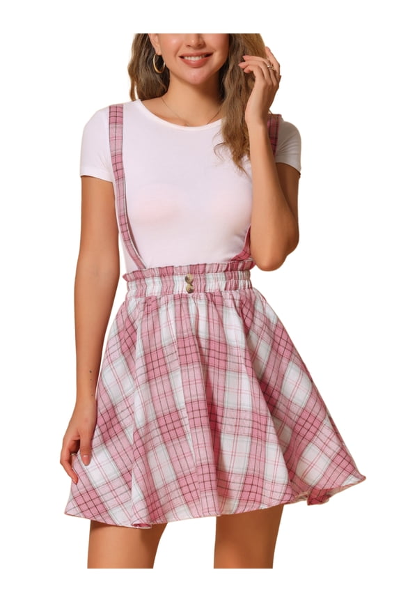 Women's Skirt Plaid Pleated Tartan Overall Elastic Waist Suspender Mini Skirt M Pink White