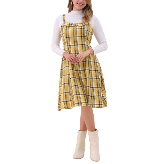 INSPIRE CHIC Women's Suspender Dress Retro Plaid Square Neck A-Line Midi Overall Dress M Yellow