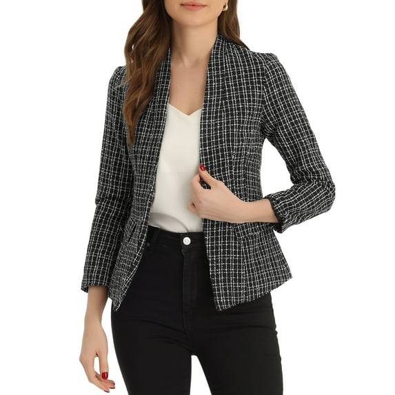 INSPIRE CHIC Women's Christmas Plaid Tweed Blazer Long Sleeve Open Front Work Office Jackets XL Black