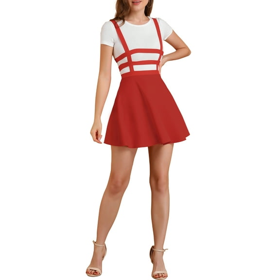 INSPIRE CHIC Women's Skirts Pleated Overall Gothic Elastic High Waist A-Line Kawaii Suspender Skirt 2XL Red