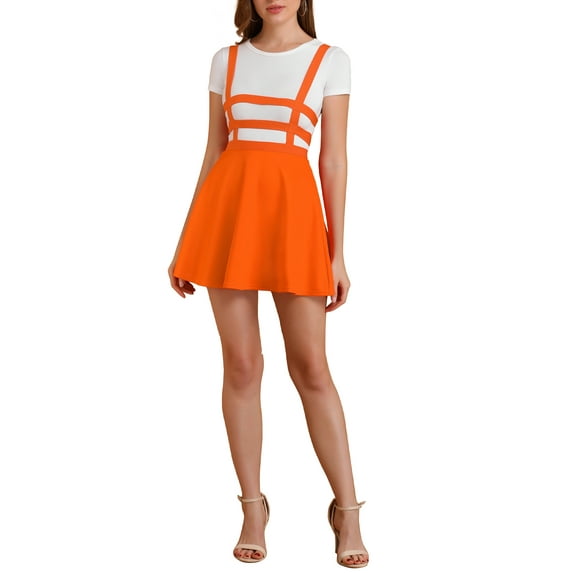 INSPIRE CHIC Women's Skirts Pleated Overall Gothic Elastic High Waist A-Line Kawaii Suspender Skirt 3XL Orange