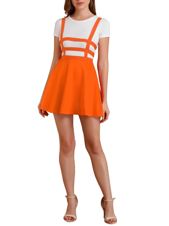 Women's Skirts Pleated Overall Gothic Elastic High Waist A-Line Kawaii Suspender Skirt Orange M