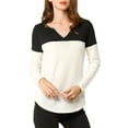 thumbnail image 1 of INSPIRE CHIC Women's Split V-Neck Long Sleeves Color Block Casual T-Shirt XL White Black, 1 of 7