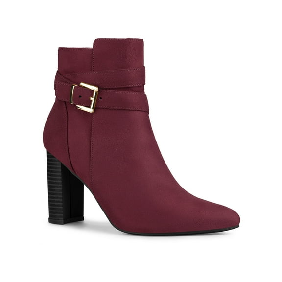 BLISSFUL STEP Women's Block Heel Boots Pointed Toe Buckle Decor Ankle Booties Burgundy 11