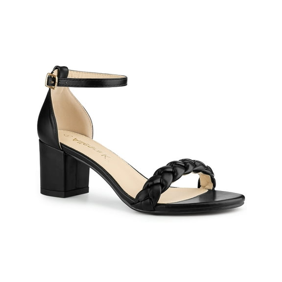 BLISSFUL STEP Women's Block Heels Ankle Strap Braided Heel Sandals Black (Size 6)