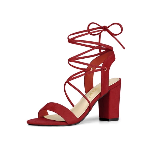 BLISSFUL STEP Women's Shoes Faux Suede Lace Up Block Heel Slingback Open Toe Sandals Red 10
