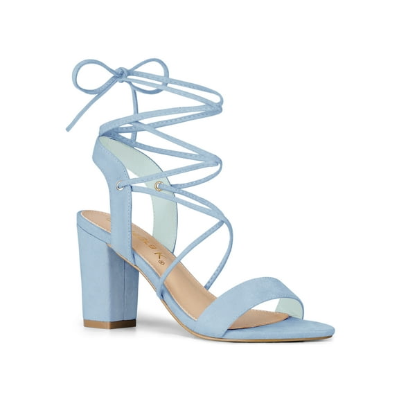 BLISSFUL STEP Women's Shoes Faux Suede Lace Up Block Heel Slingback Open Toe Sandals Sky Blue 9