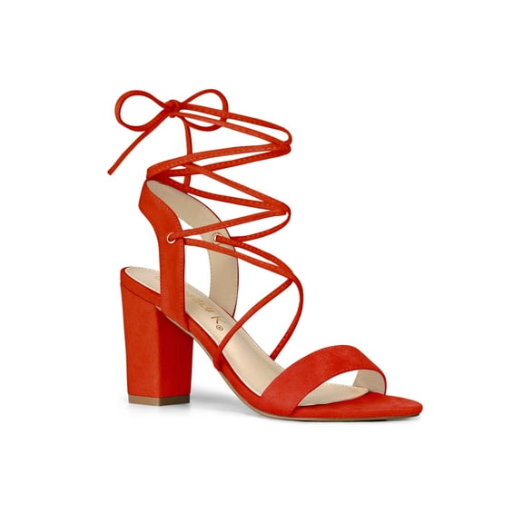 BLISSFUL STEP Women's Shoes Faux Suede Lace Up Block Heel Slingback Open Toe Sandals Orange 8