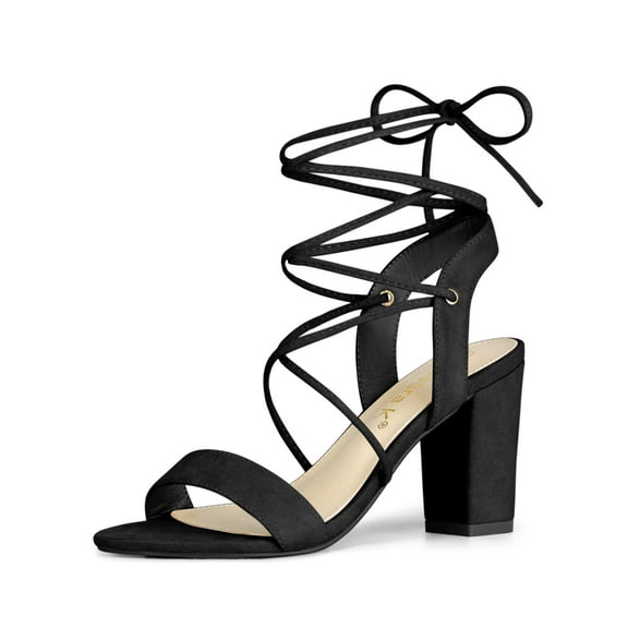 BLISSFUL STEP Women's Shoes Faux Suede Lace Up Block Heel Slingback Open Toe Sandals Black 6