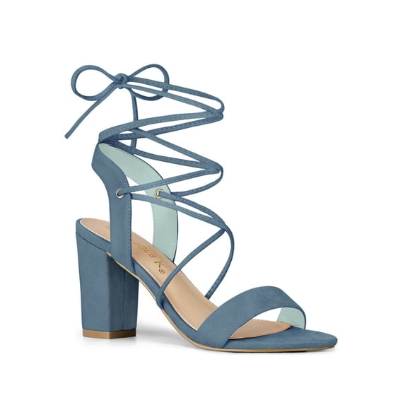 BLISSFUL STEP Women's Shoes Faux Suede Lace Up Block Heel Slingback Open Toe Sandals Haze Blue 11