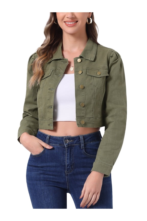 Women's Denim Jacket Puff Long Sleeve Cropped Length Washed Western Jacket L Army Green