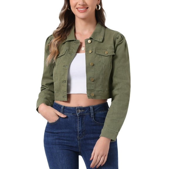 INSPIRE CHIC Women's Classic Casual Puff Sleeve Button Down Cropp Denim Jacket M Army Green