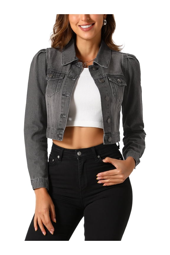 Women's Denim Jacket Puff Long Sleeve Cropped Length Washed Western Jacket M Black Gray