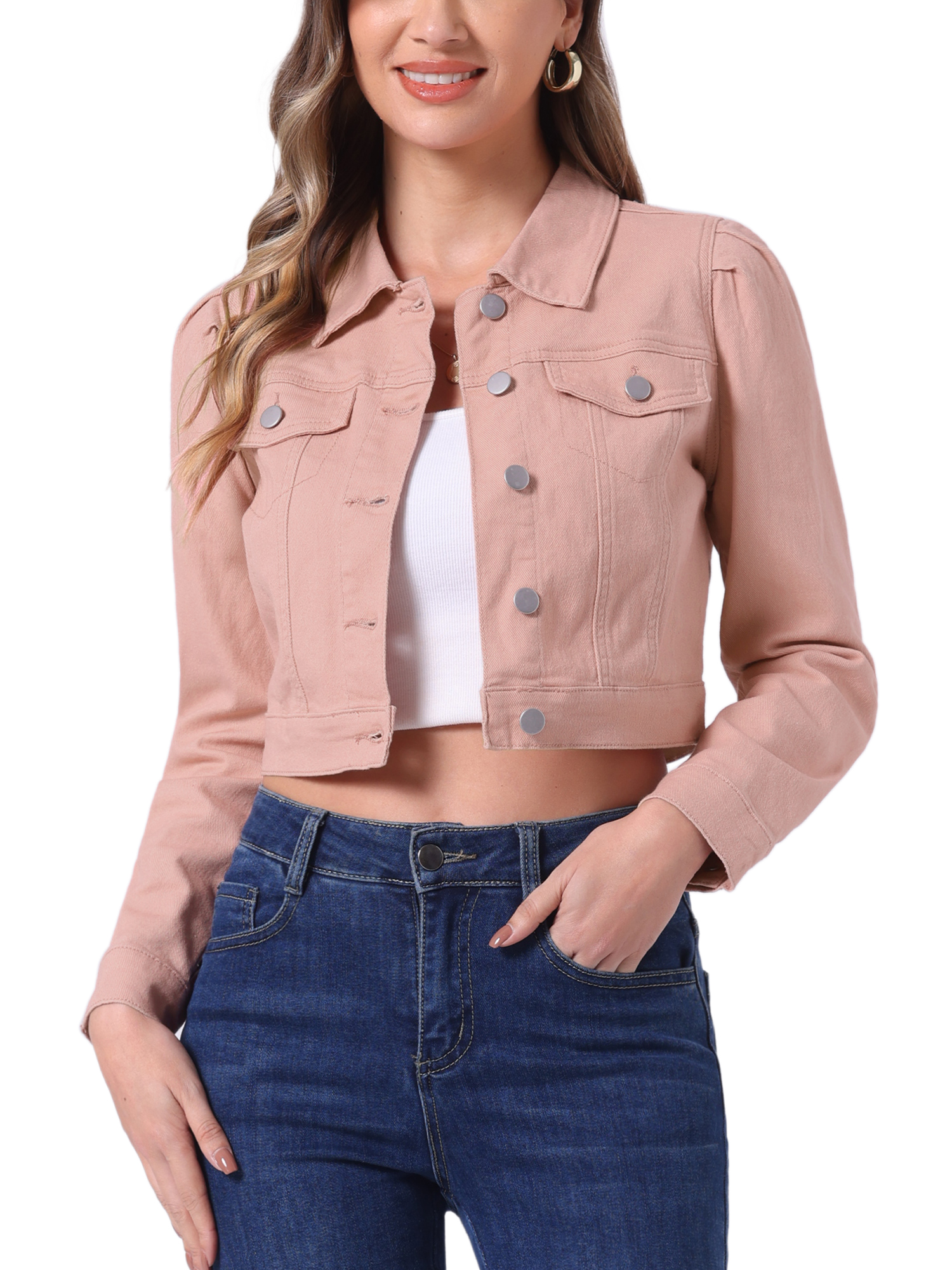 INSPIRE CHIC Women's Classic Casual Puff Sleeve Button Down Cropp