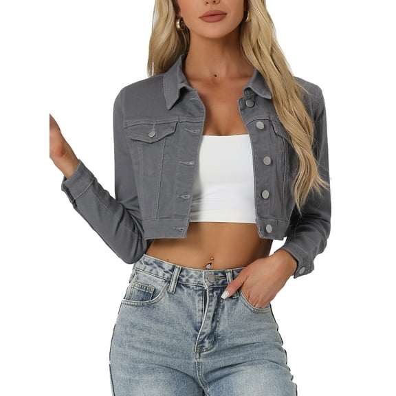 INSPIRE CHIC Women's Jacket Long Sleeves Single Breasted Cropped Denim Jacket M Grey
