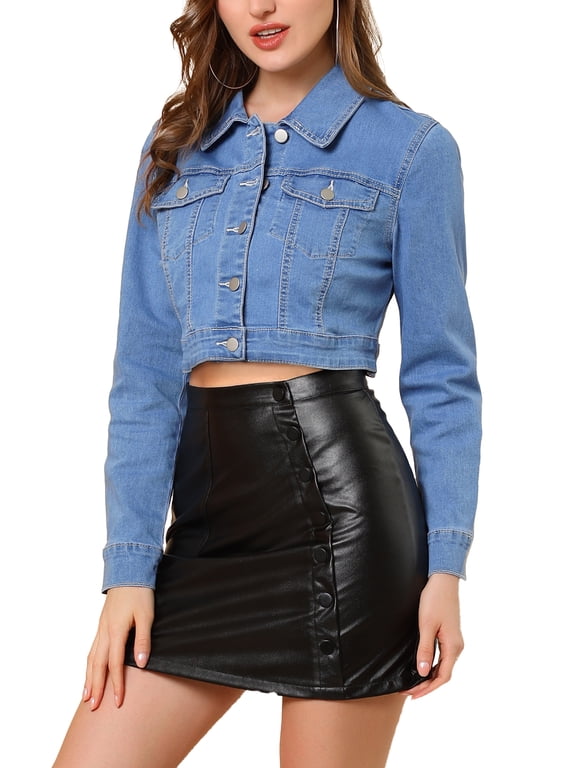 Women's Jacket Long Sleeves Single Breasted Cropped Denim Jacket M Light Blue