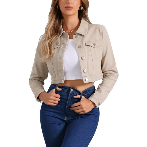 INSPIRE CHIC Women's Jacket Long Sleeves Single Breasted Cropped Denim Jacket M Light Khaki