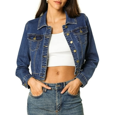 Allegra K Women's Classic Long Sleeves Single Breasted Cropped Denim Jacket XS Dark Blue