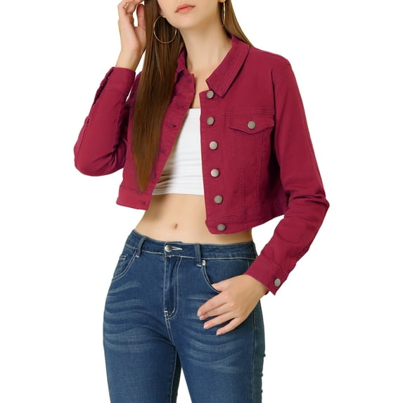 Allegra K Women's Classic Long Sleeves Single Breasted Cropped Denim Jacket