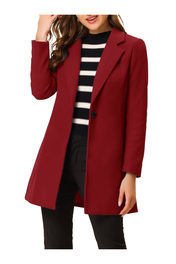 Women's Classic Notched Lapel Long Sleeves Long Overcoat L Dark Red