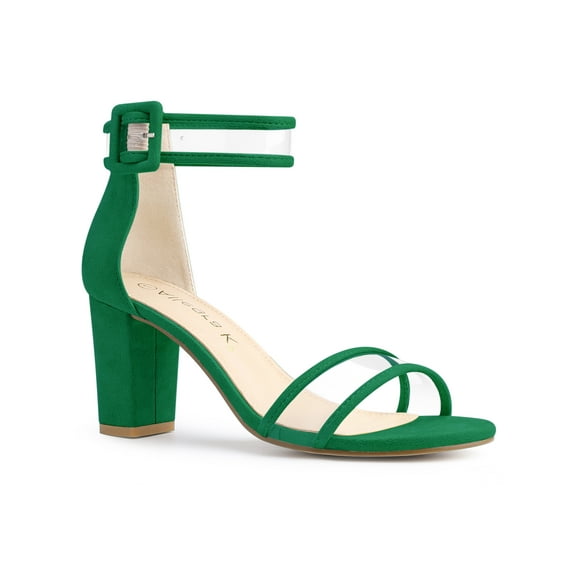 BLISSFUL STEP Women's Clear Ankle Strap Chunky Heel Sandals