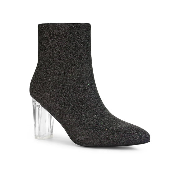 BLISSFUL STEP Women's Clear Block Heel Ankle Booties Pointed Toe Party Shoes Black 9