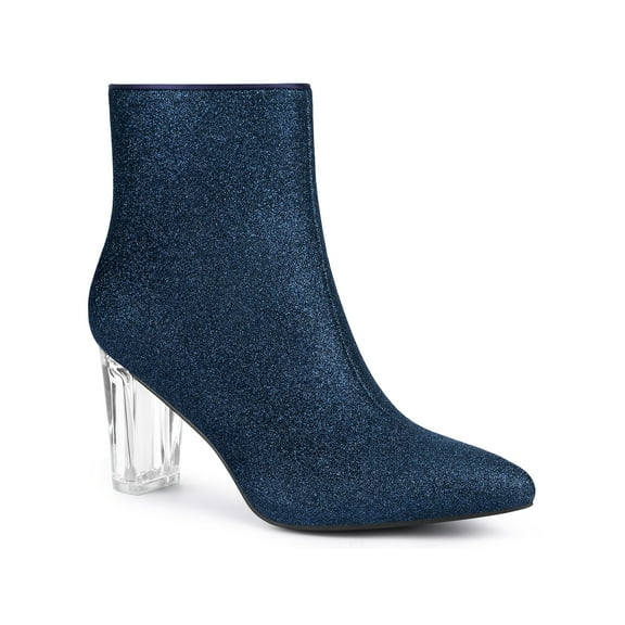 BLISSFUL STEP Women's Clear Block Heel Ankle Booties Pointed Toe Party Shoes Navy Blue 7