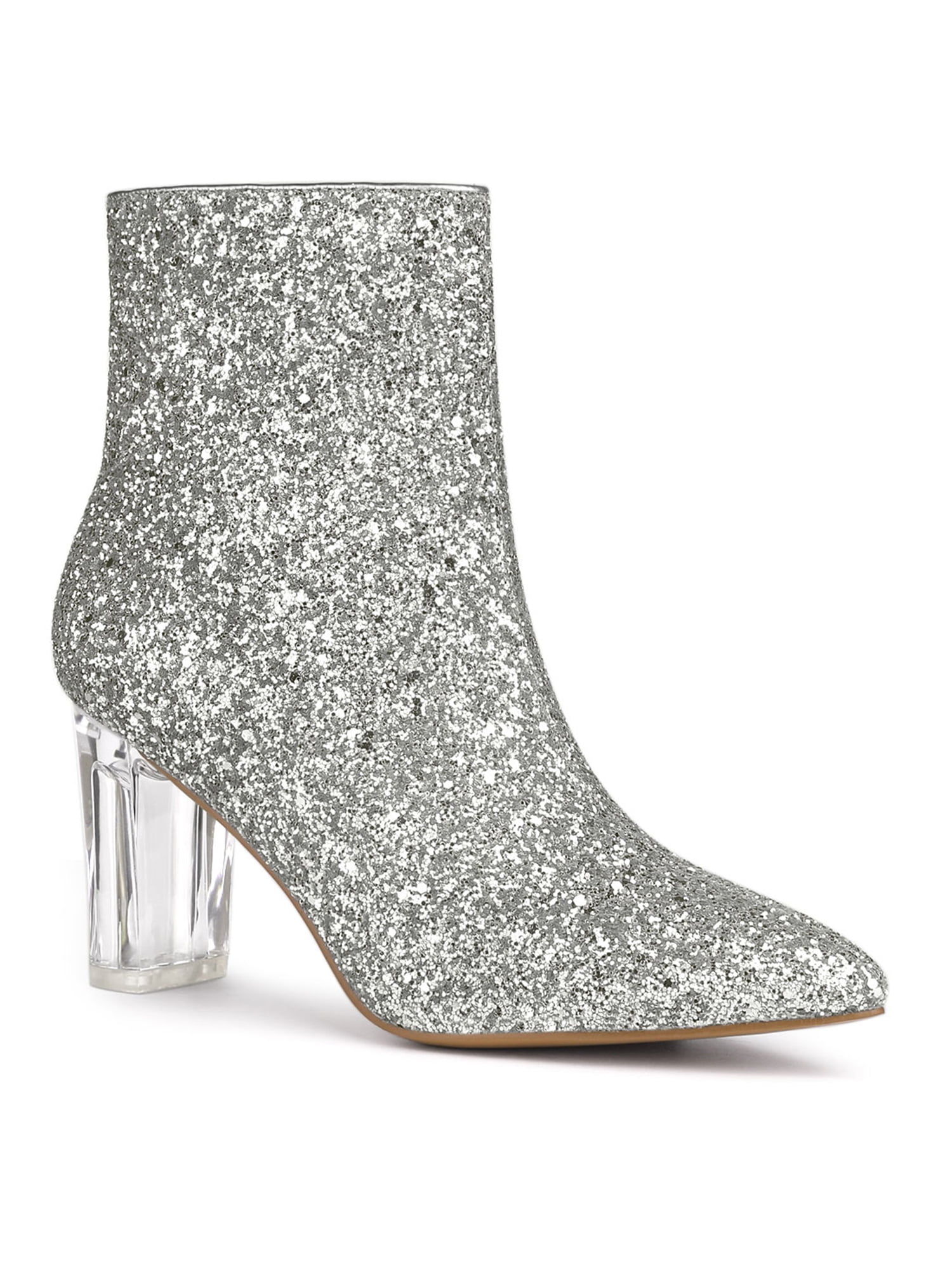 Clear Rhinestone Booties BLISSFUL STEP Women's Clear Block Heel Ankle Booties Pointed Toe Party ...