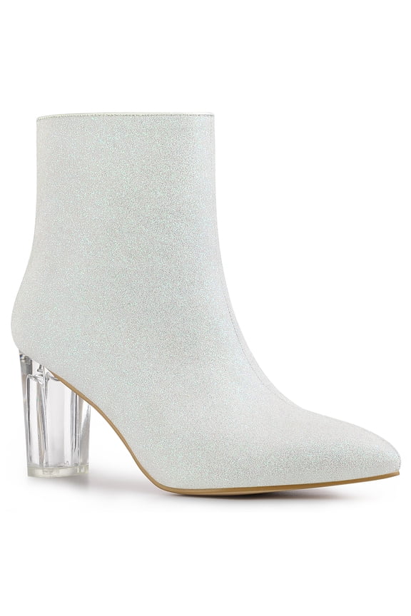 Women's Clear Block Heel Ankle Booties Pointed Toe Party Shoes White 9