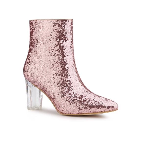 BLISSFUL STEP Women's Clear Block Heel Ankle Booties Pointed Toe Party Shoes Rose Gold 9.5