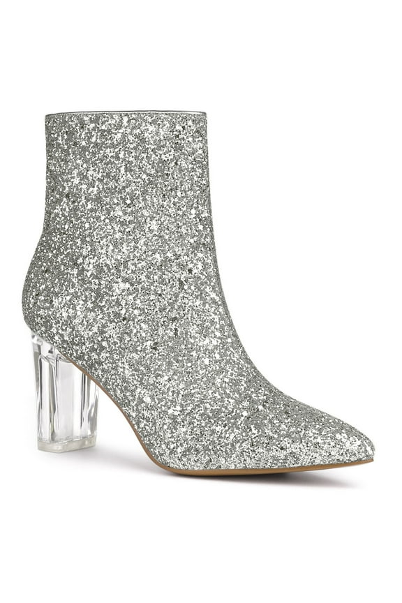 Women's Clear Block Heel Ankle Booties Pointed Toe Party Shoes Silver 8