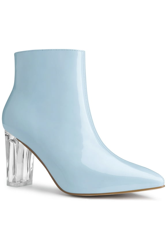 Women's Clear Heel Pointy Toe Block Heels Ankle Boots Sky Blue 9