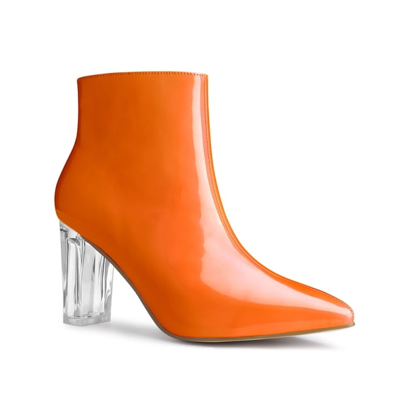 BLISSFUL STEP Women's Clear Heel Pointy Toe Block Heels Ankle Boots Orange 9