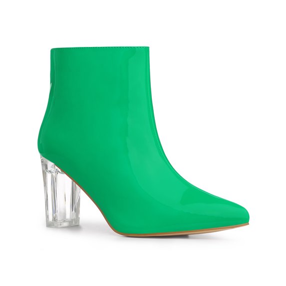 BLISSFUL STEP Women's Clear Heel Pointy Toe Block Heels Ankle Boots Grass Green 6.5