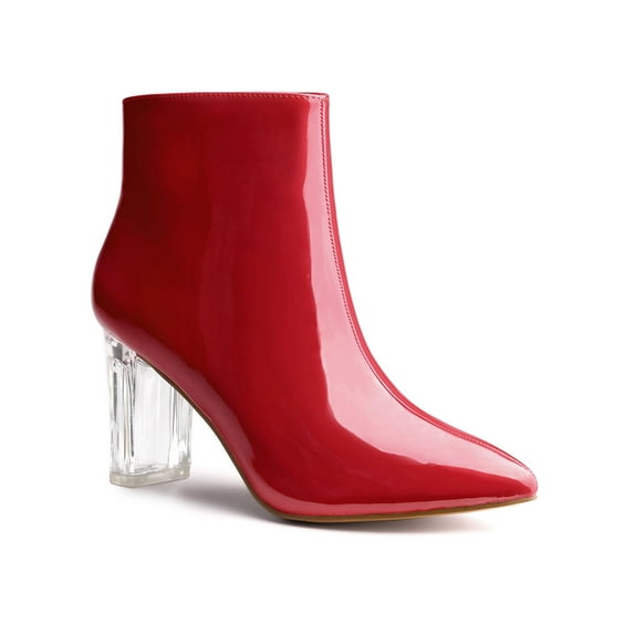 BLISSFUL STEP Women's Clear Heel Pointy Toe Block Heels Ankle Boots Red 9