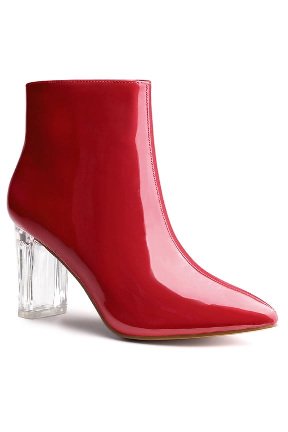 Women's Clear Heel Pointy Toe Block Heels Ankle Boots Red 9