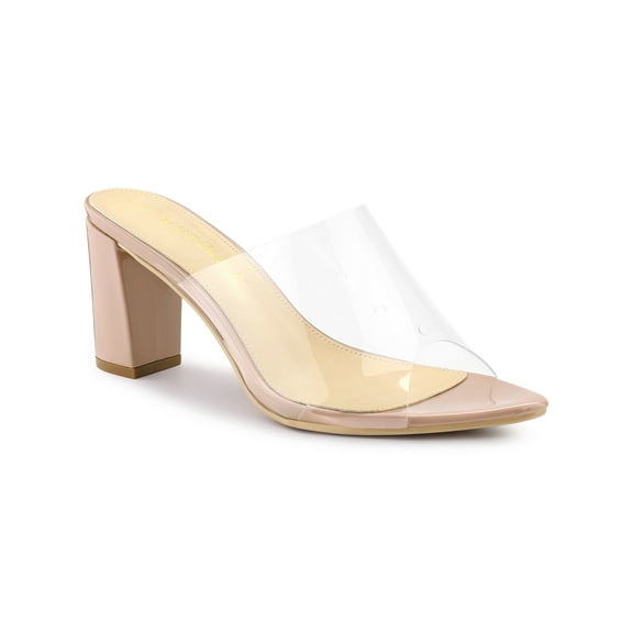 BLISSFUL STEP Women's Clear Point Toe High Block Heel Mules Slides Sandals Nude 9.5