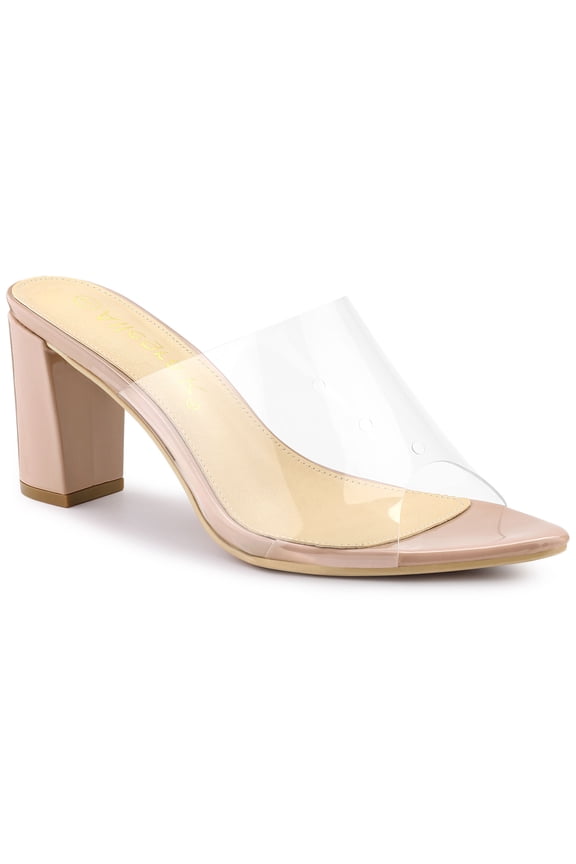 Women's Clear Point Toe High Block Heel Mules Slides Sandals Nude 7