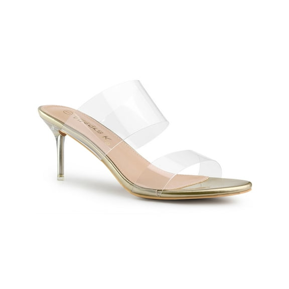 BLISSFUL STEP Women's Clear Slide Stiletto Heels Open Toe Slip On Sandals Gold 9