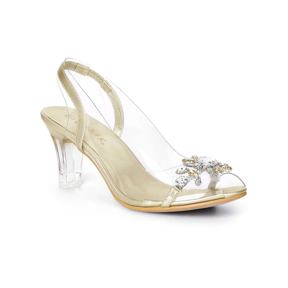 BLISSFUL STEP Women's Flower Rhinestone Slingback Clear Mid Heel Slip On Sandals Gold 5.5