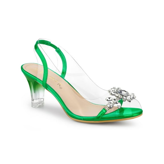 BLISSFUL STEP Women's Flower Rhinestone Slingback Clear Mid Heel Slip On Sandals Grass Green 7