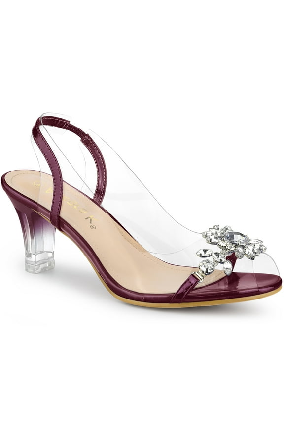 Women's Flower Rhinestone Slingback Clear Mid Heel Slip On Sandals Burgundy 9.5