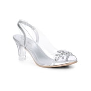 BLISSFUL STEP Women's Flower Rhinestone Slingback Clear Mid Heel Slip On Sandals Silver 6.5