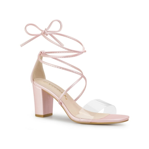 BLISSFUL STEP Women's Clear Strap Block Heel Lace up Heels Sandals Bling Pink (Size 6)