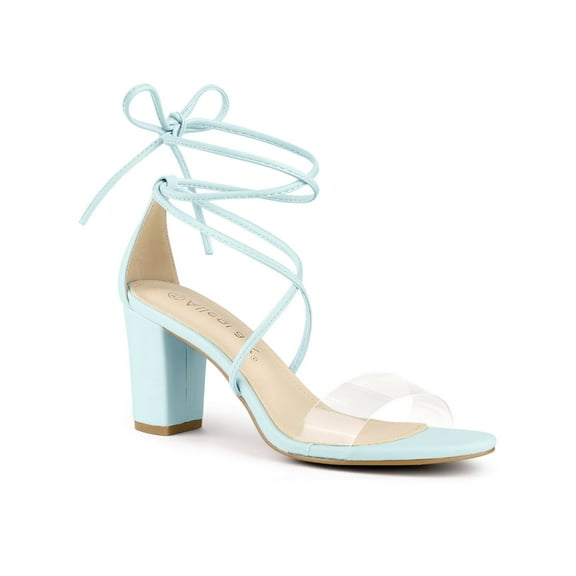 BLISSFUL STEP Women's Clear Strap Block Heel Lace up Heels Sandals Blue (Size 7)