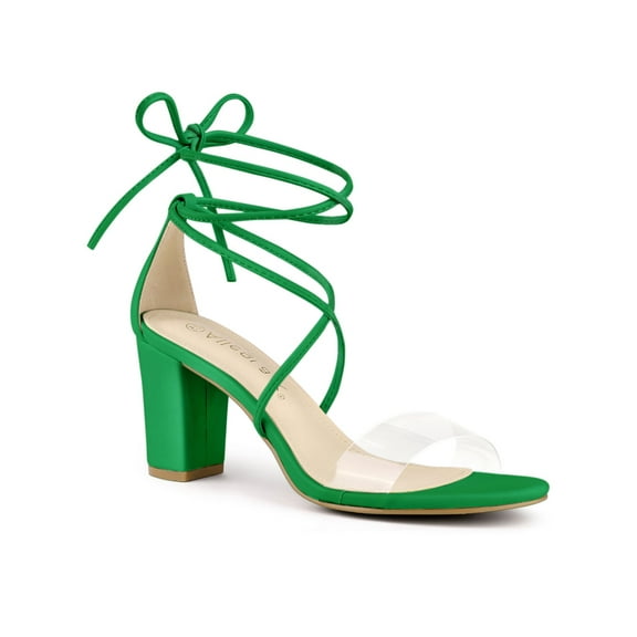 BLISSFUL STEP Women's Clear Strap Block Heel Lace up Heels Sandals Green (Size 9)