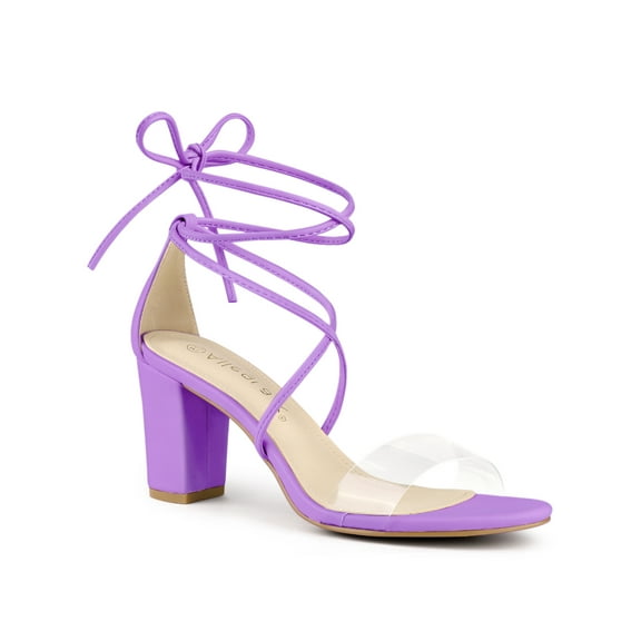 BLISSFUL STEP Women's Clear Strap Block Heel Lace up Heels Sandals Lavender (Size 7)