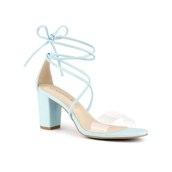 BLISSFUL STEP Women's Clear Strap Block Heel Lace up Heels Sandals Blue (Size 10)